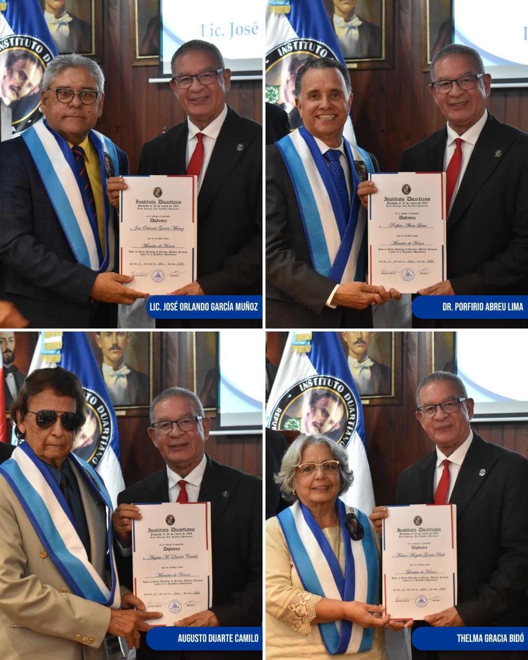 Nuevos miembros de honor del Instituto Duartiano reciben sus certificados de acreditación y el kit patriótico institucional.